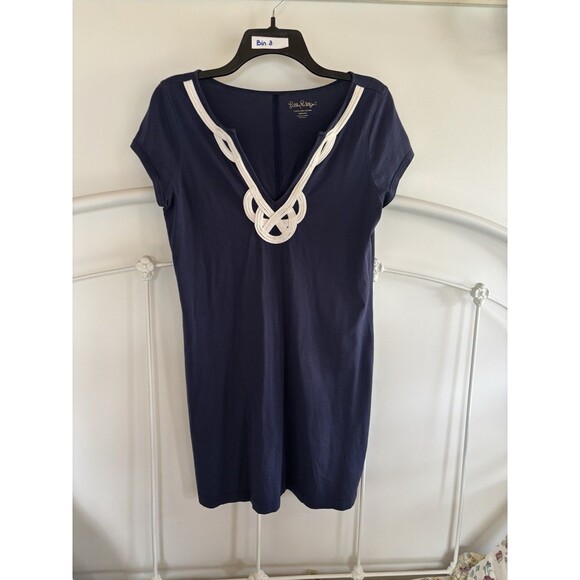 Lilly Pulitzer M Brewster Embroidered Dress Pima Cotton Short Sleeve Navy  Blue - Picture 1 of 5